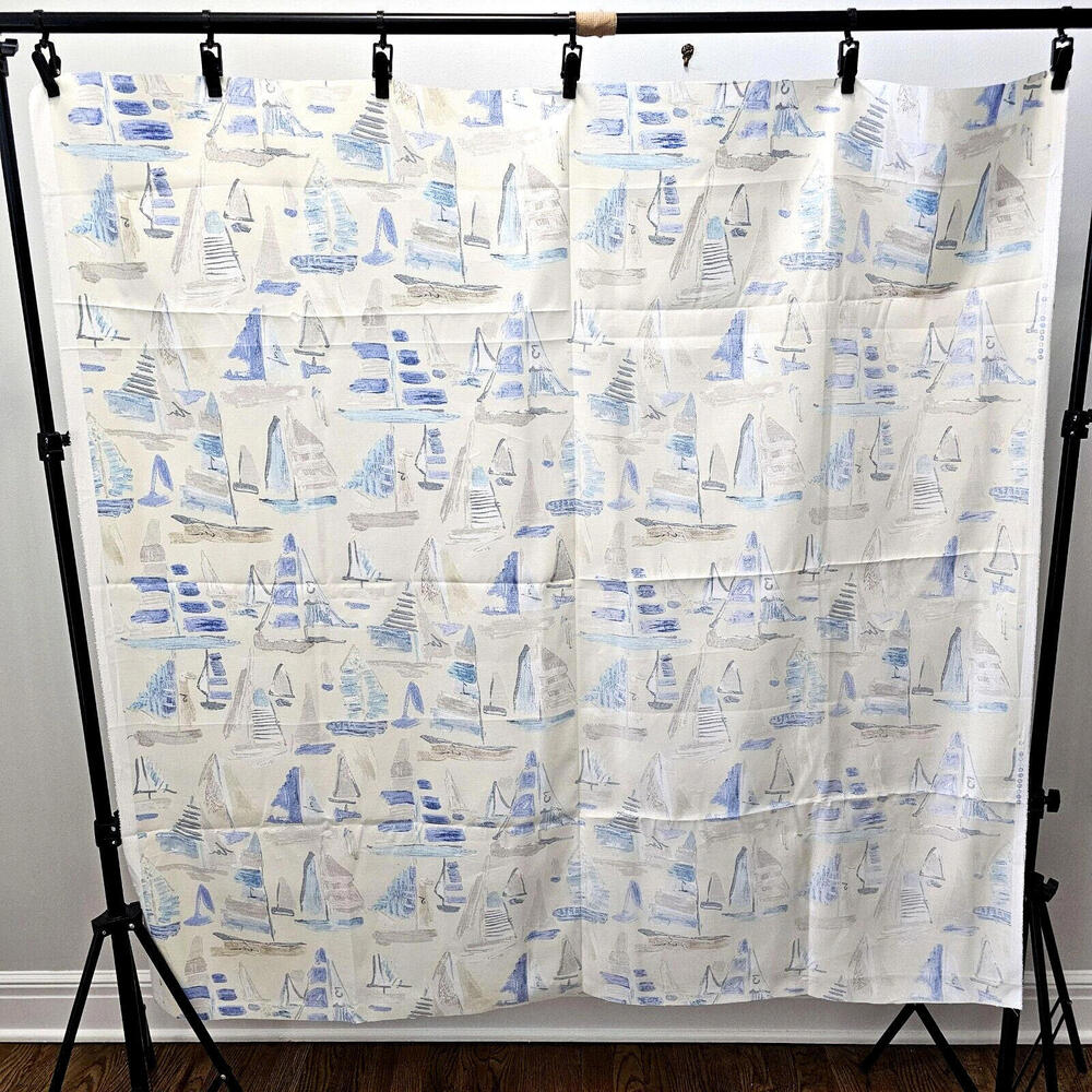 Mill Creek Tan And Blue Sailboats Nautical Outdoor Fabric Remnant 56x55 Inches - Picture 3 of 4
